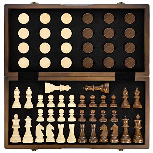 AMEROUS Magnetic Wooden Chess and Checkers Game Set, 15 Inches