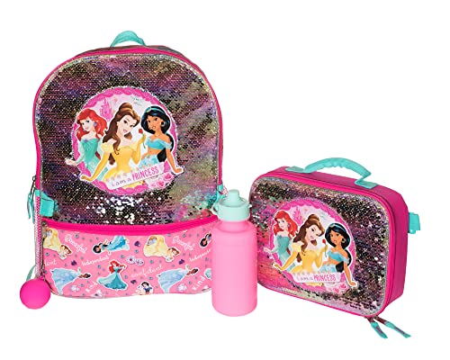 Disney Princess 4 Piece Backpack Set, Flip Sequin 16" School