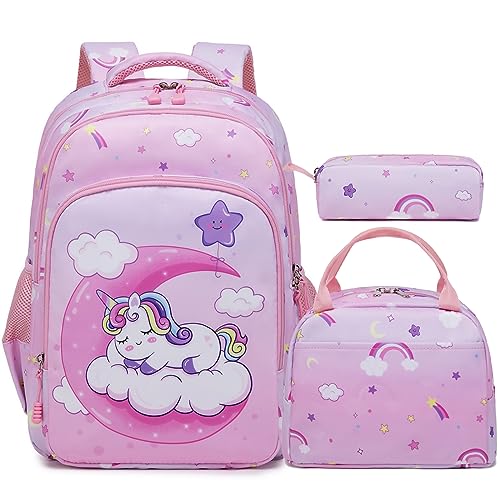 Unicorn Backpack Set for Girls, 3PCS Pink Unicorn School Backpack