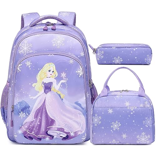 Princess Backpacks for Elementary School Girls, 3 in 1 Purple